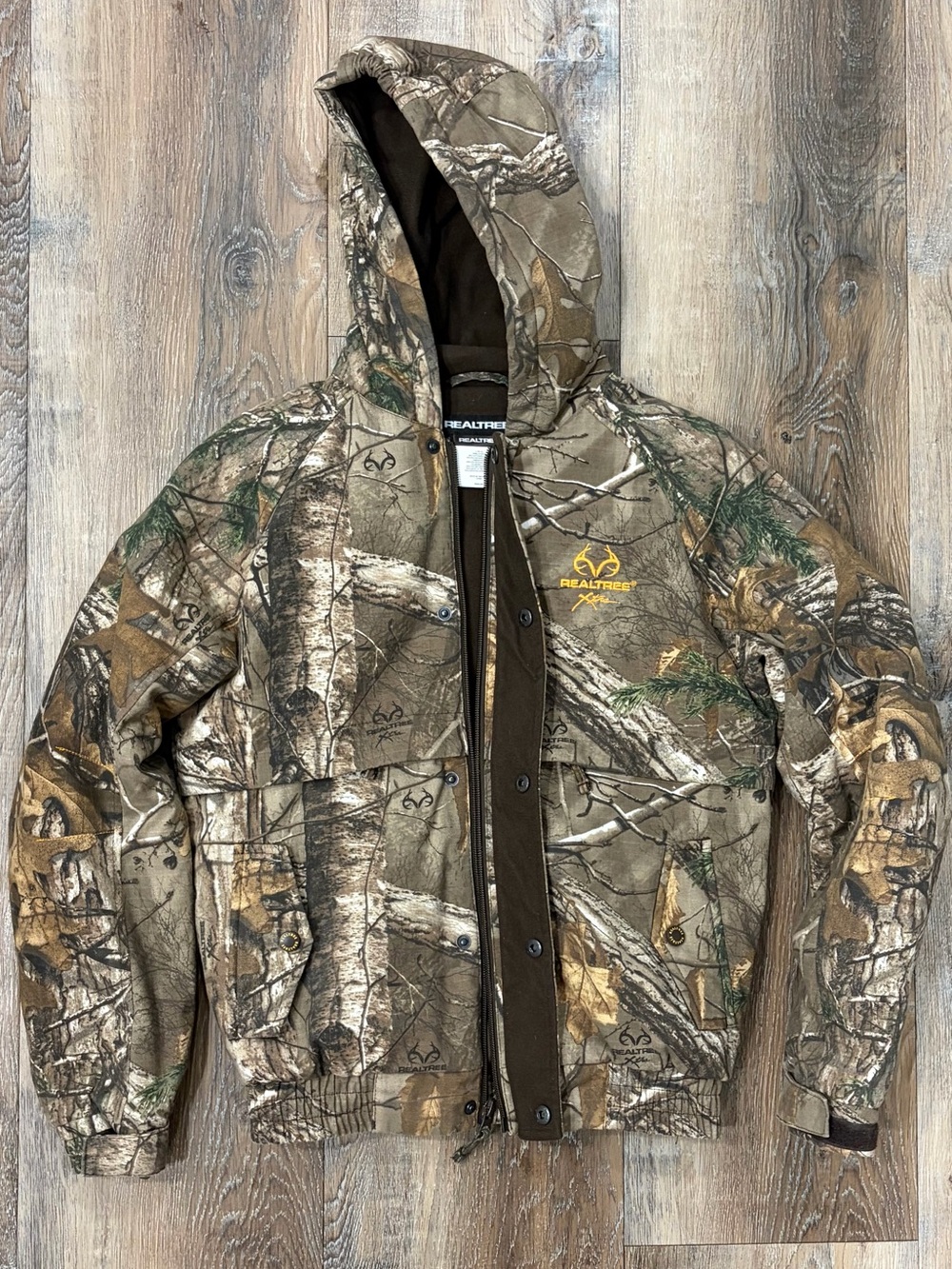 Realtree Boy’s Camo Hooded Field Jacket in Brown and Green, size large (10-12)